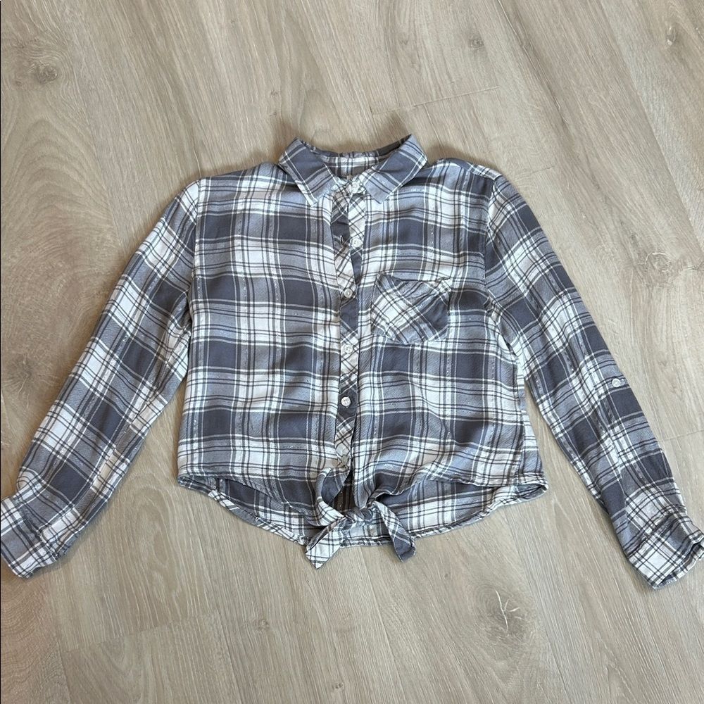 Women's Plaid Button-Down Shirt - Gray and White, Size Medium